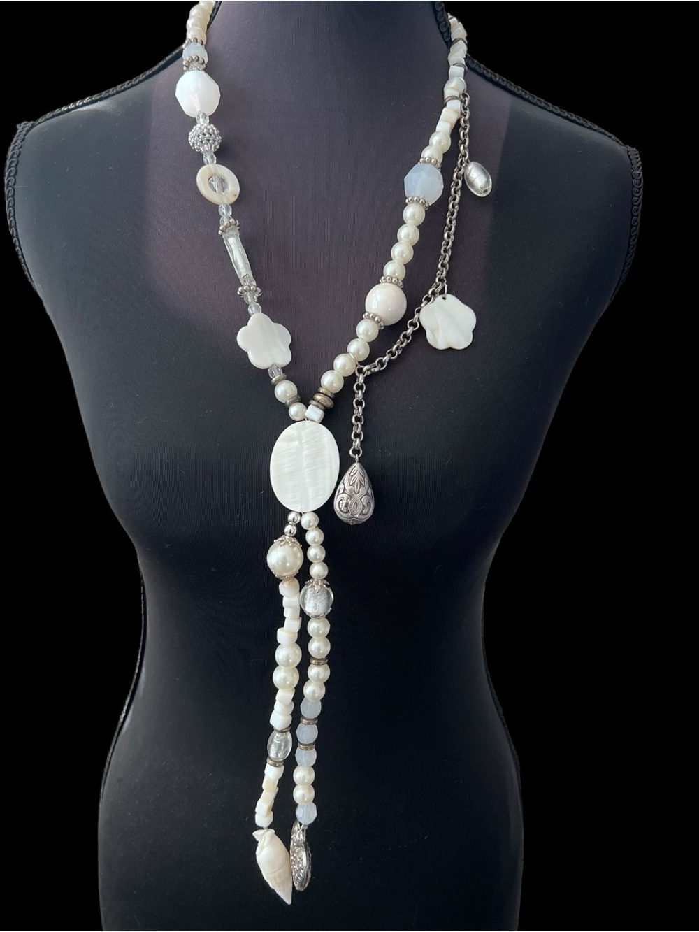 Boho Layered Shell Pearl Beaded Statement Necklace Coastal Cottagecore